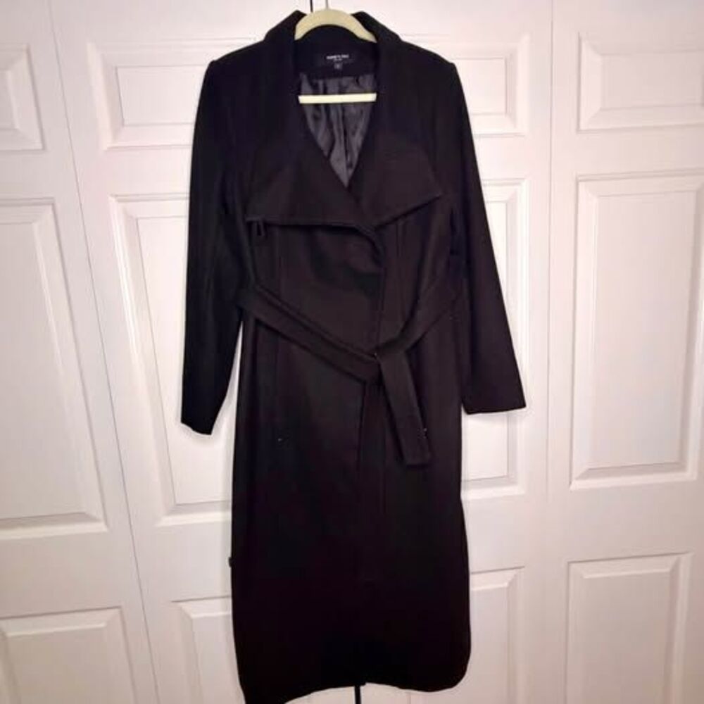 Kenneth Cole New York Black Asymmetrical Belted Maxi Coat Size 12